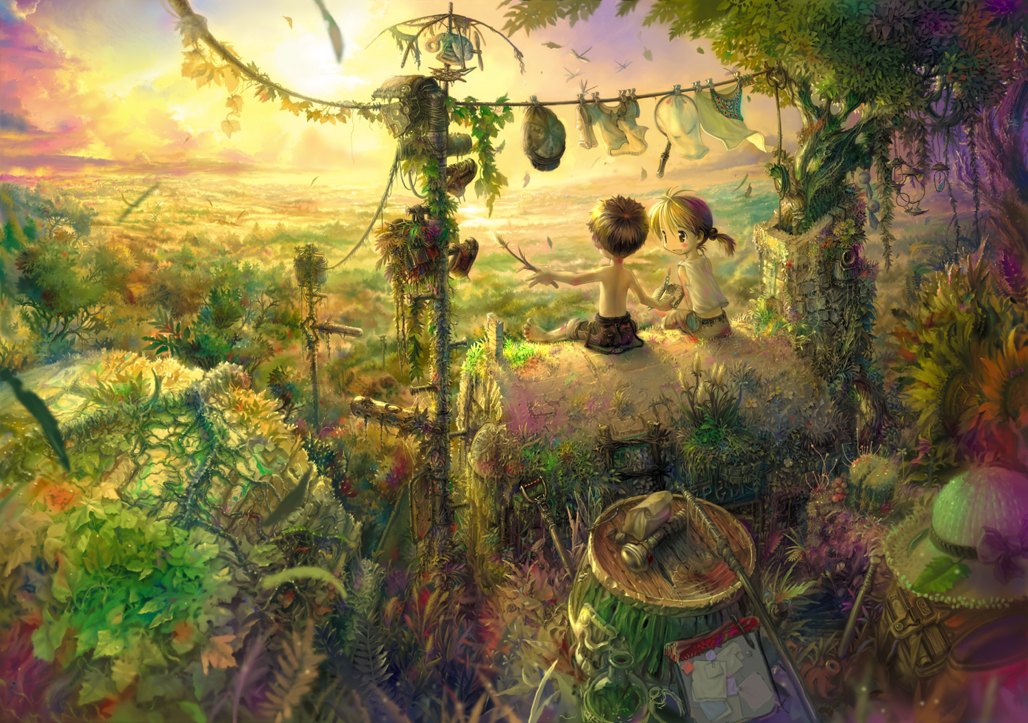 ruins, scenic, sunset, tree, tsukushi_akihito