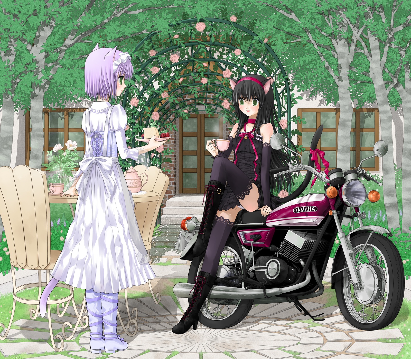 animal_ears, dress, kuroinu, motorcycle, panties, tail, thighhighs, underwear