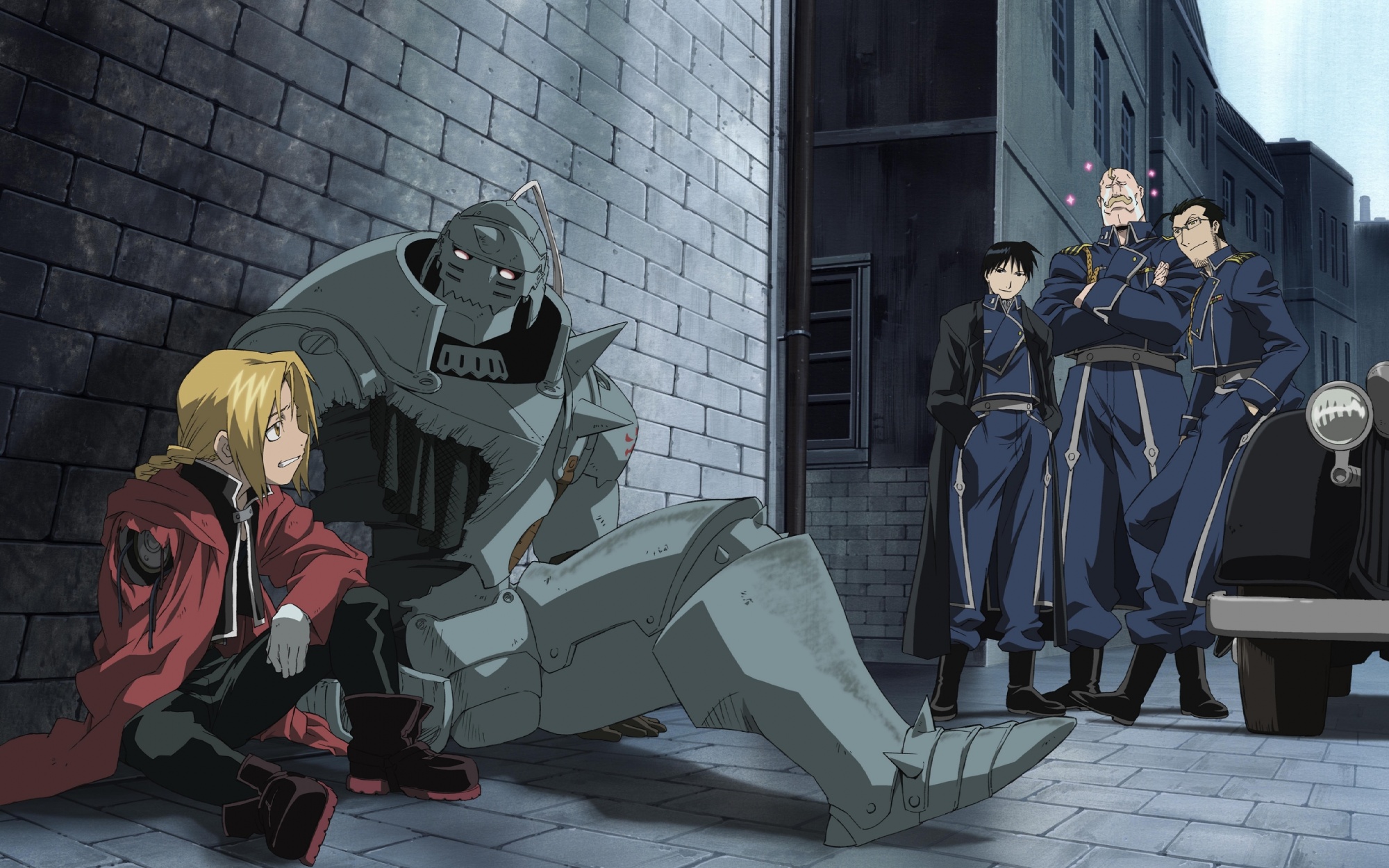 alex_louis_armstrong, alphonse_elric, edward_elric, fullmetal_alchemist, maes_hughes, roy_mustang, uniform