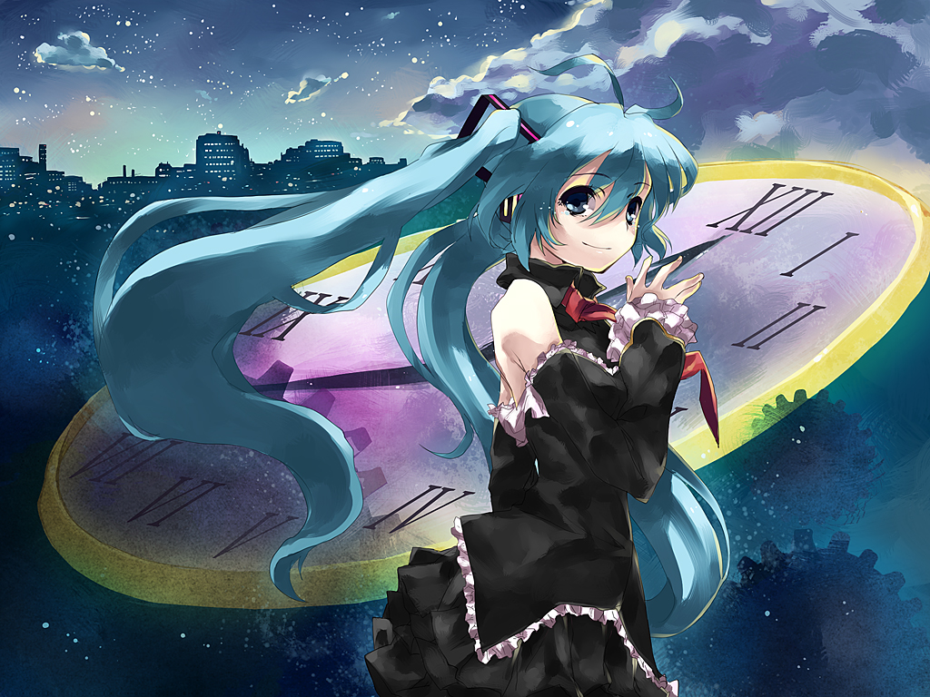 aqua_eyes, aqua_hair, building, city, clouds, dress, hatsune_miku, long_hair