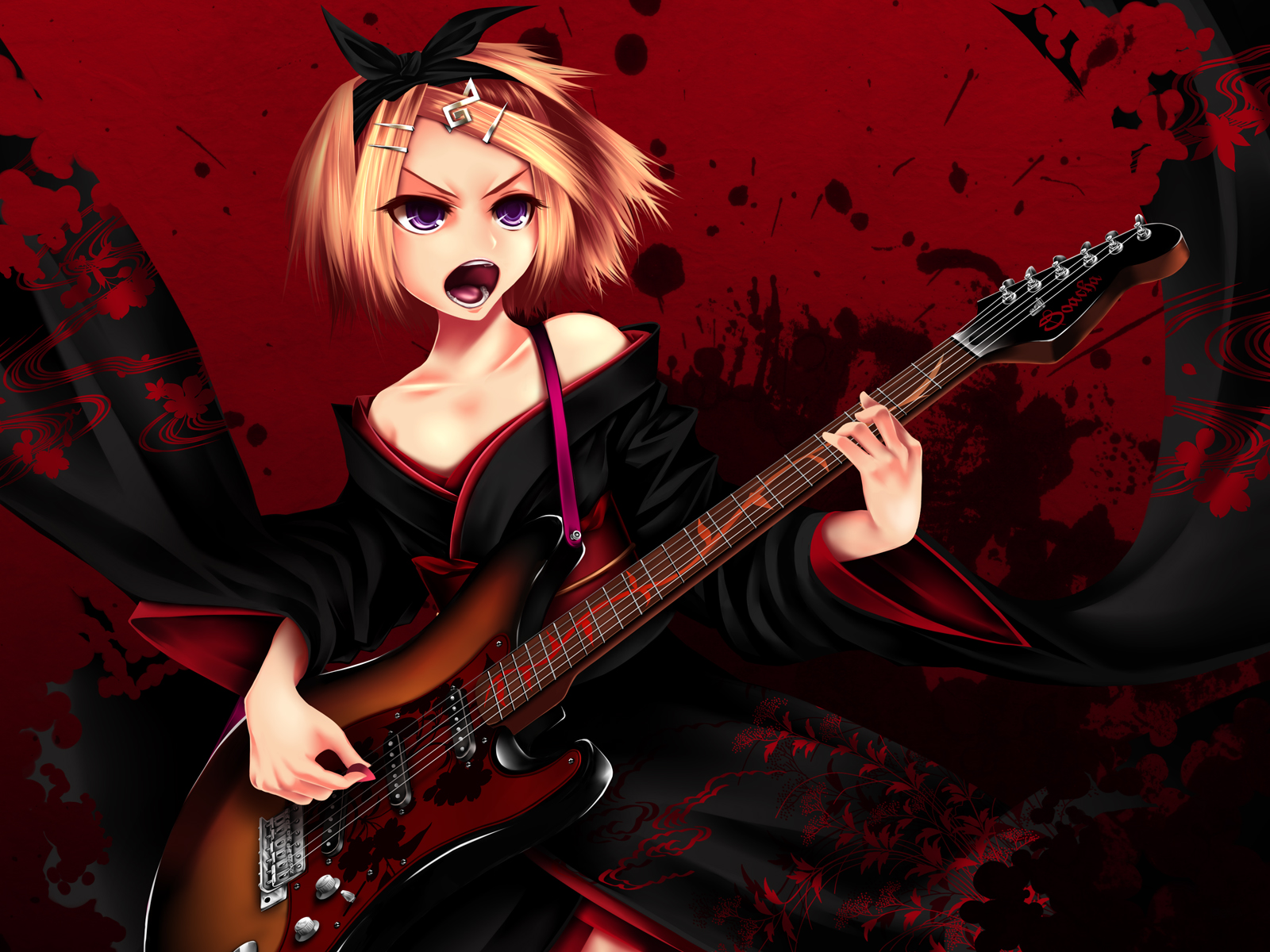 blonde_hair, guitar, instrument, japanese_clothes, kagamine_rin, purple_eyes, short_hair, tamajam, vocaloid