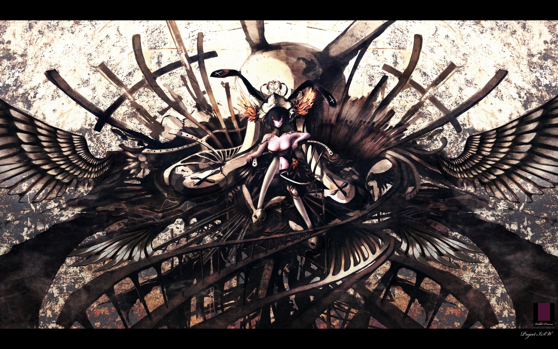 black_hair, breasts, cleavage, dress, iori, i.s.w., original, short_hair
