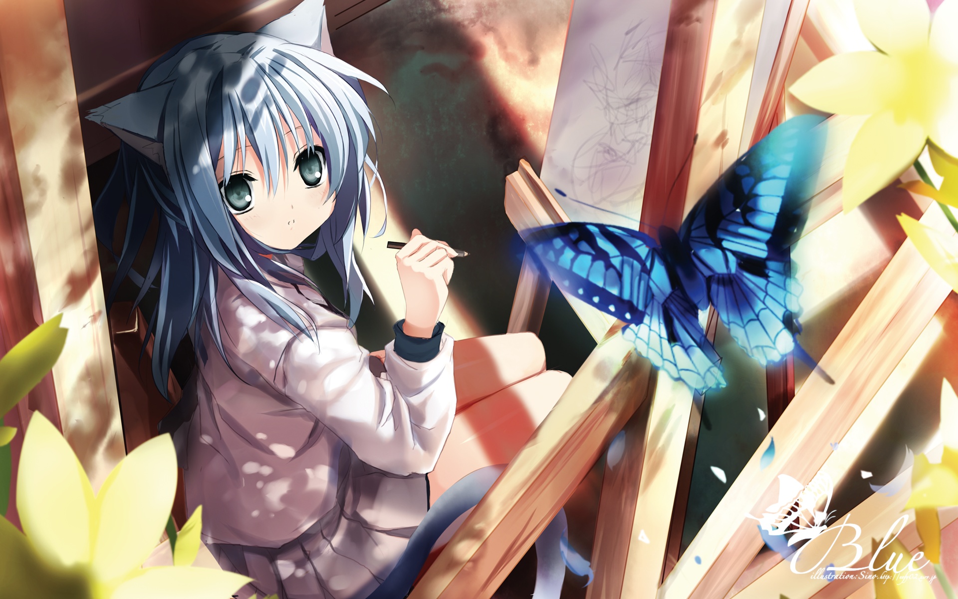 animal_ears, blue_hair, blush, butterfly, catgirl, i.s.w., long_hair, original
