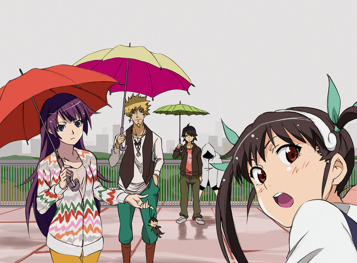 araragi_koyomi, bakemonogatari, group, hachikuji_mayoi, kanbaru_suruga, kumosuke, loli, male