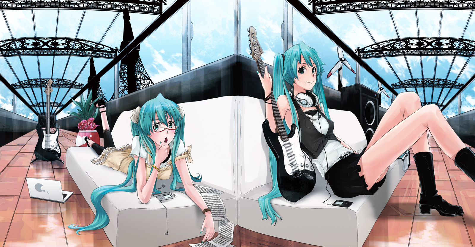 blue_hair, glasses, guitar, hatsune_miku, headphones, instrument, ipod, long_hair