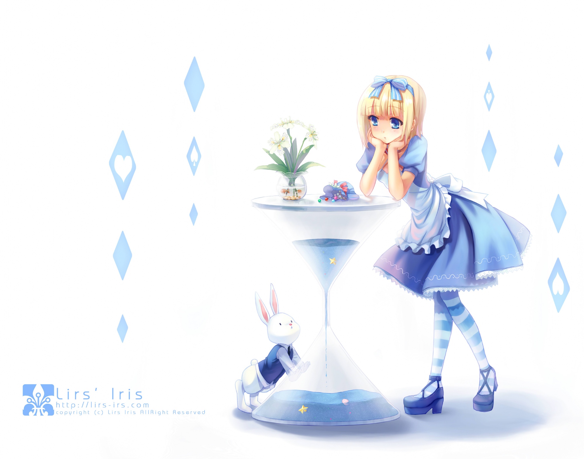 alice_in_wonderland, alice_(wonderland), blonde_hair, blue_eyes, bunny, dress, flowers, li_(liras)