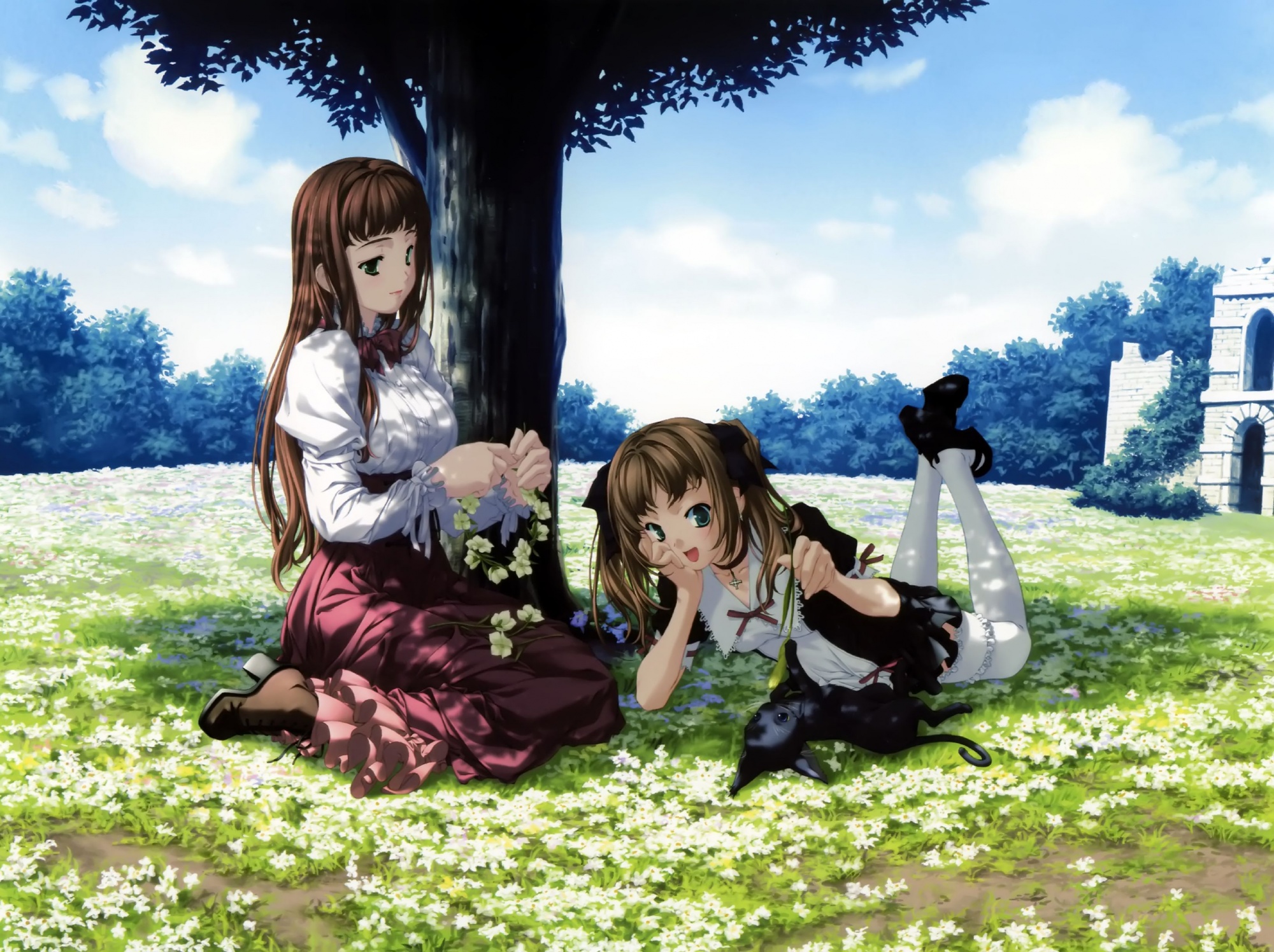 animal, cat, flowers, mizutani_tooru, thighhighs