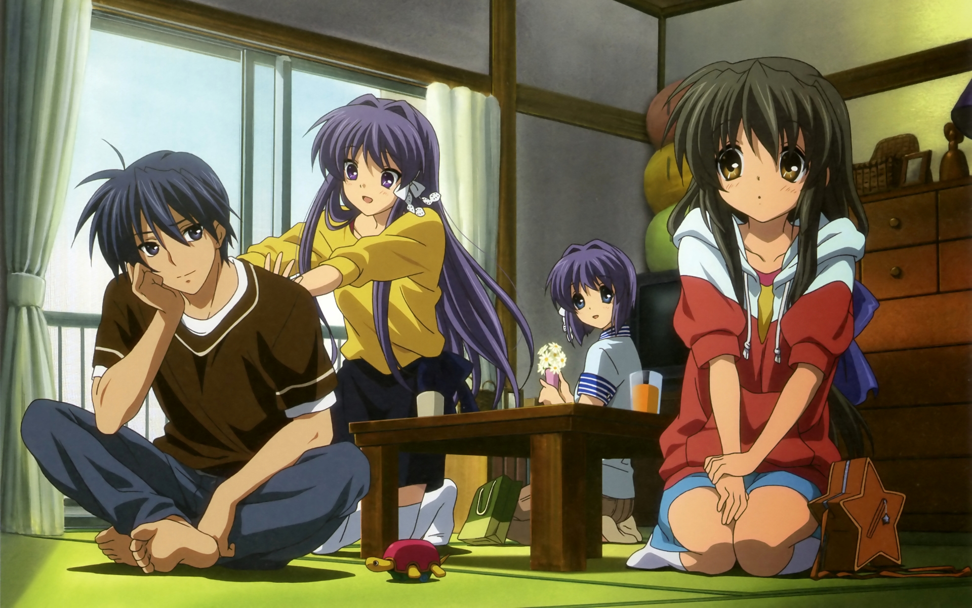 clannad, fujibayashi_kyou, fujibayashi_ryou, group, ibuki_fuuko, male, okazaki_tomoya, twins