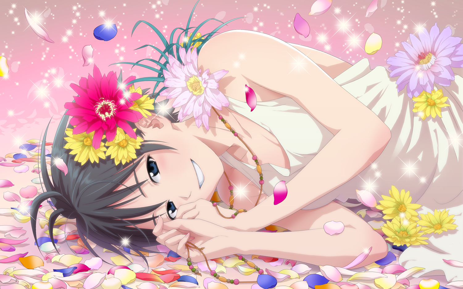 dress, flowers, idolmaster, kikuchi_makoto, short_hair, yachiwo
