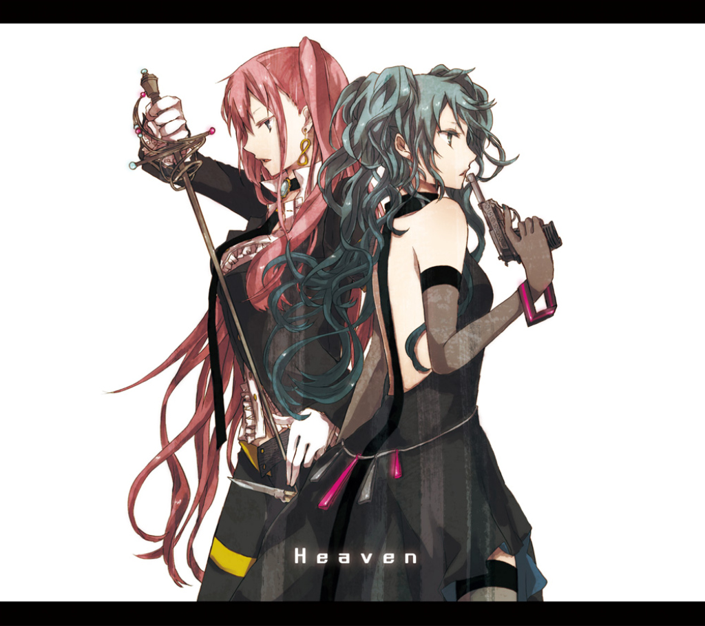 2girls, aqua_eyes, aqua_hair, blue_eyes, buzz, dress, green_eyes, green_hair, gun, hatsune_miku, long_hair, megurine_luka, pink_hair, sword, taiyou_to_tsuki_no_rondo_(vocaloid), thighhighs, tie, twintails, vocaloid, weapon, white