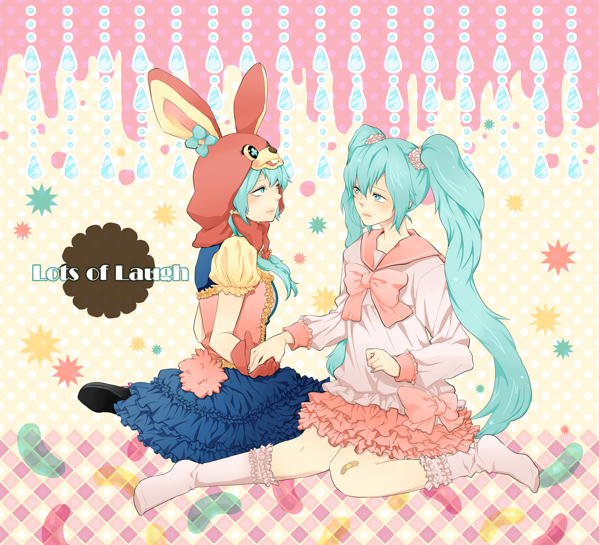 animal_ears, aqua_eyes, aqua_hair, bow, dress, hatsune_miku, lots_of_laugh_(vocaloid), momoiro_oji