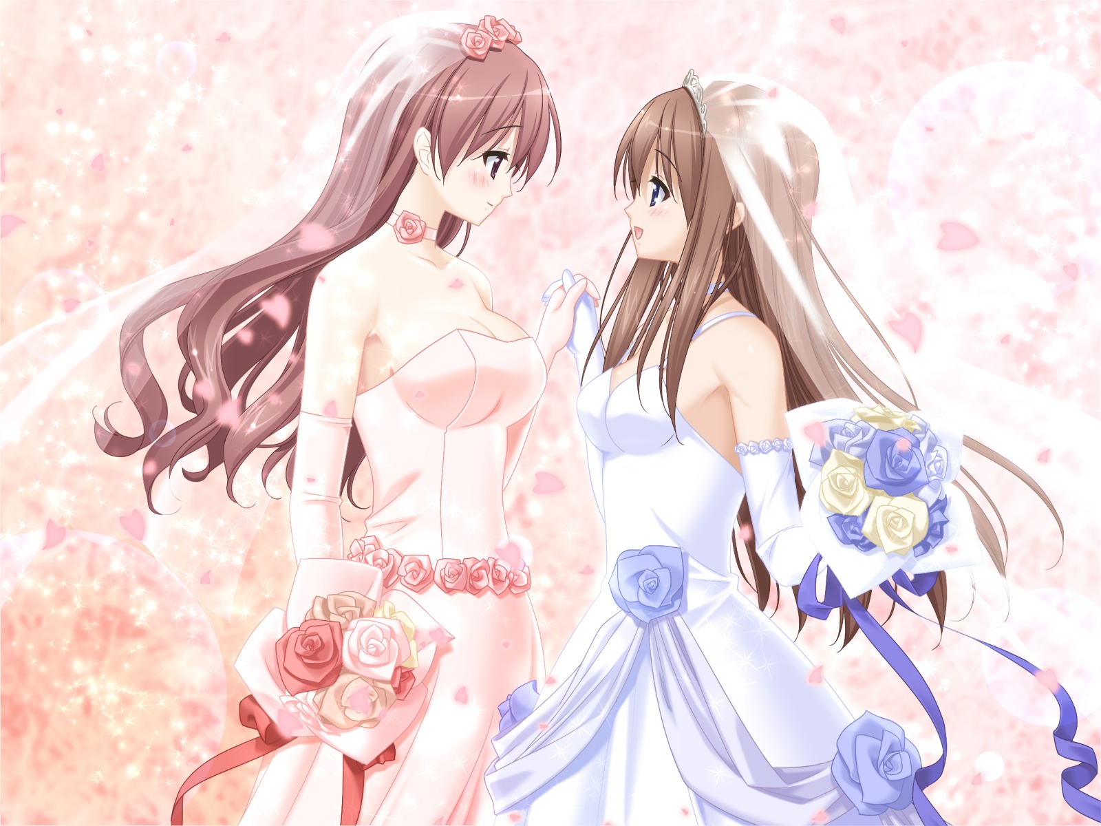 2girls, blush, brown_hair, flowers, kani_biimu, kitajima_kaede, kitajima_sara, long_hair, shoujo_ai, sono_hanabira_ni_kuchizuke_wo, wedding, wedding_attire