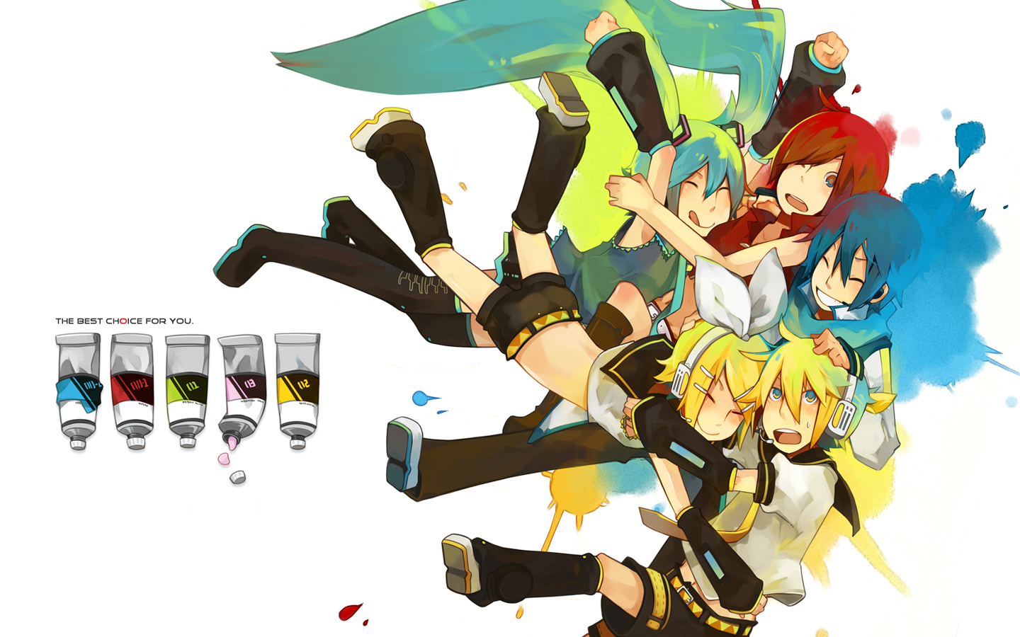 group, guraida, hatsune_miku, kagamine_len, kagamine_rin, kaito, male, meiko, vocaloid, white
