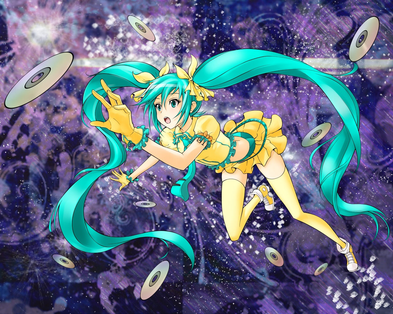 aqua_eyes, aqua_hair, gloves, hatsune_miku, long_hair, ribbons, skirt, tie, twintails, vocaloid, yuucho