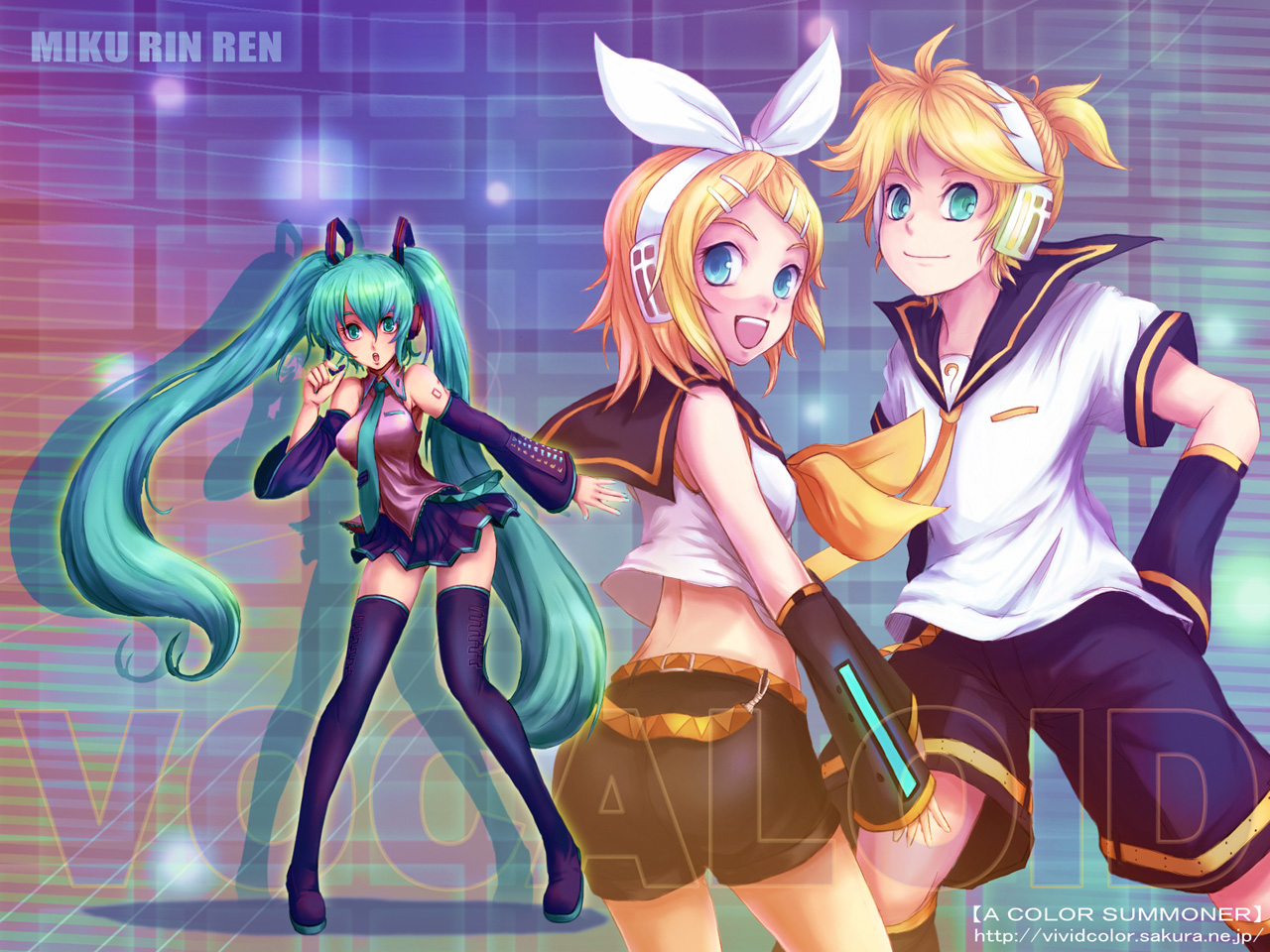 color_(artist), hatsune_miku, kagamine_len, kagamine_rin, male, signed, vocaloid