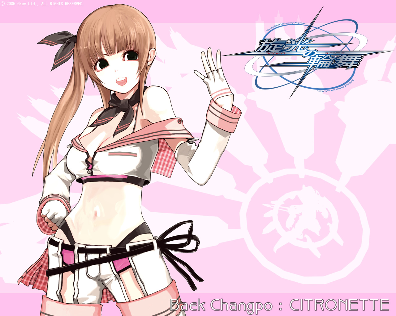 baek_changpo, black_eyes, bow, brown_hair, gloves, long_hair, navel, panties, ribbons, senko_no_ronde, skirt, underwear