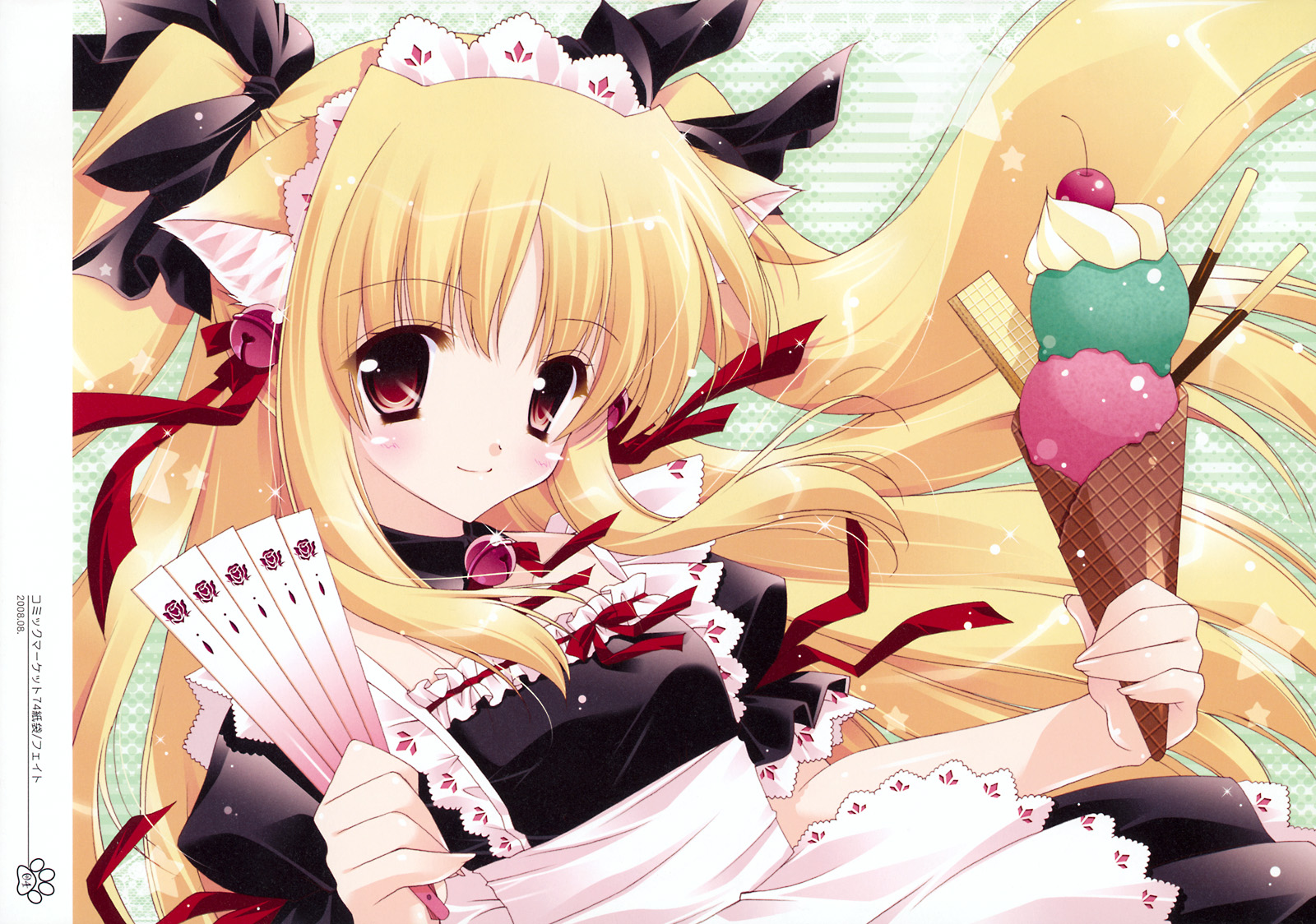 animal_ears, bell, blonde_hair, blush, bow, catgirl, collar, fan