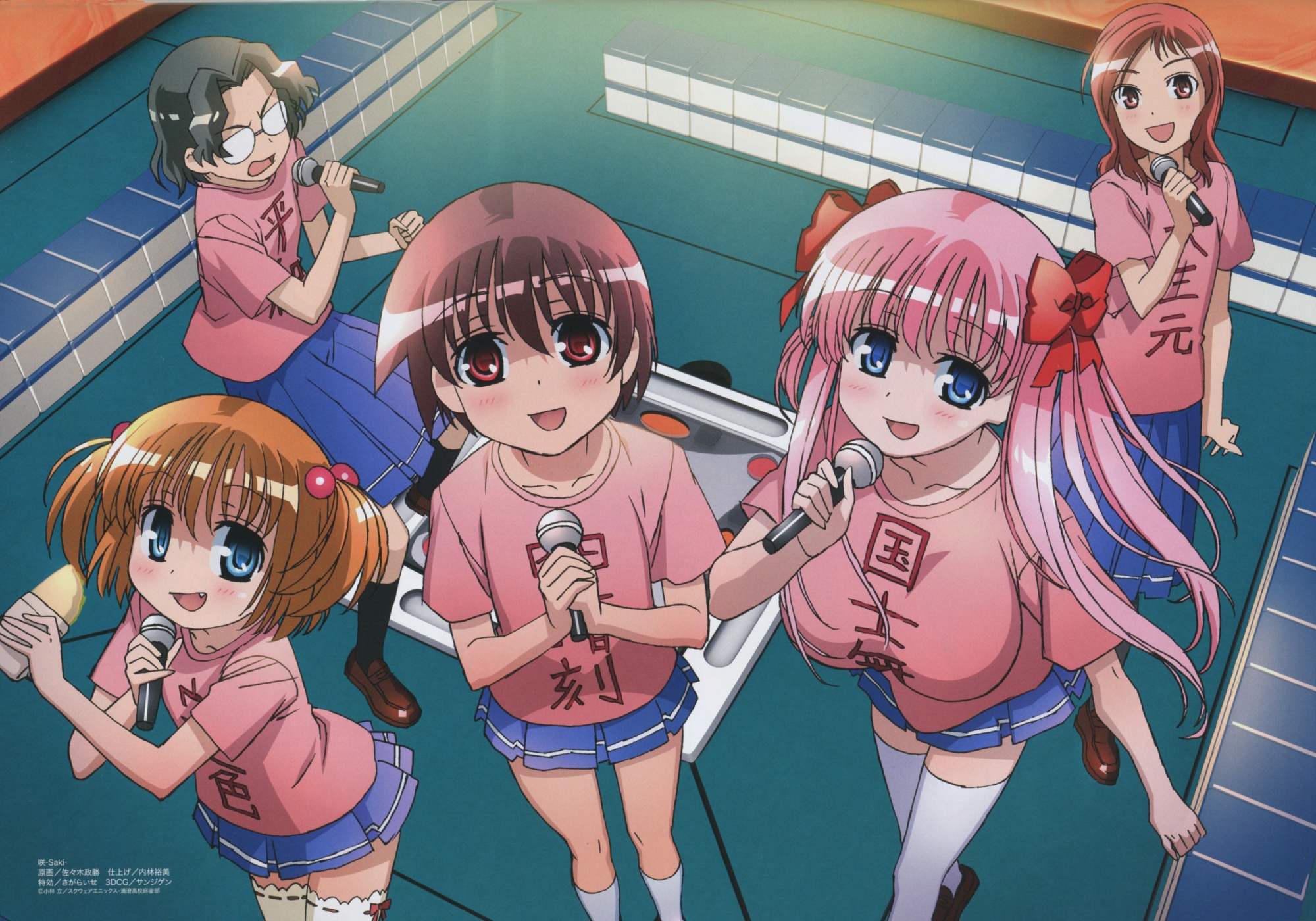 blue_eyes, haramura_nodoka, kataoka_yuuki, microphone, miyanaga_saki, pink_hair, ribbons, saki