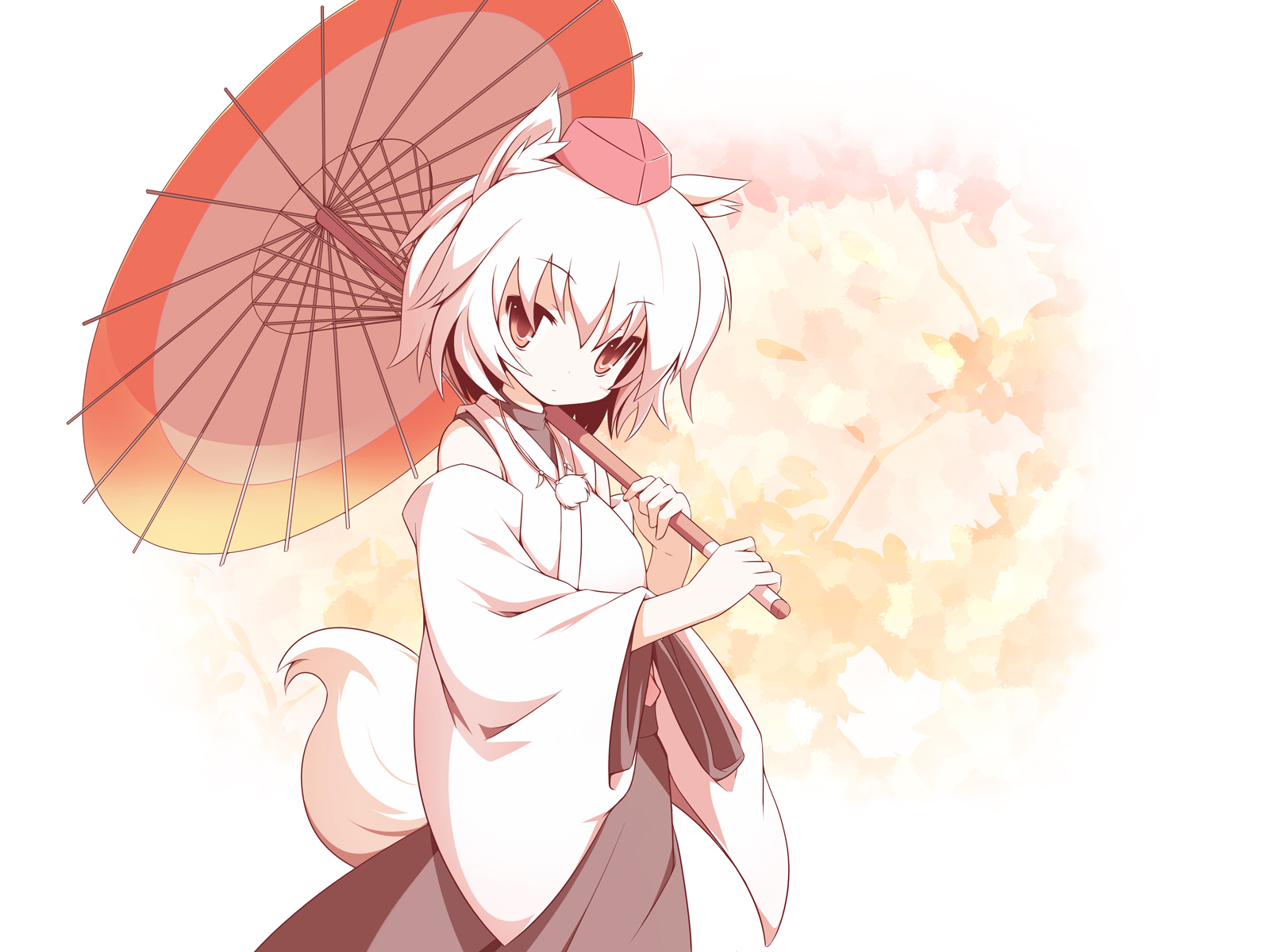 animal_ears, inubashiri_momiji, japanese_clothes, machily, red_eyes, short_hair, tail, touhou, umbrella, white, white_hair, wolfgirl