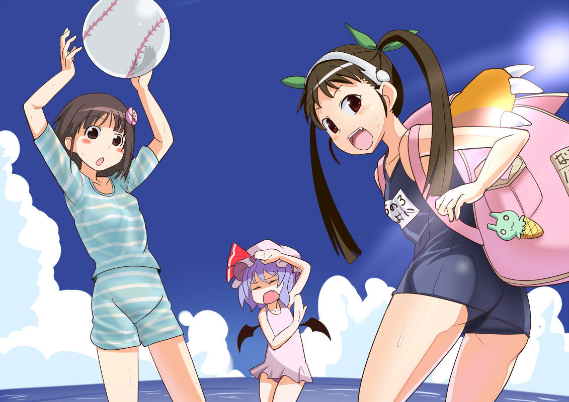 bakemonogatari, ball, crossover, hachikuji_mayoi, loli, monogatari_(series), remilia_scarlet, school_swimsuit