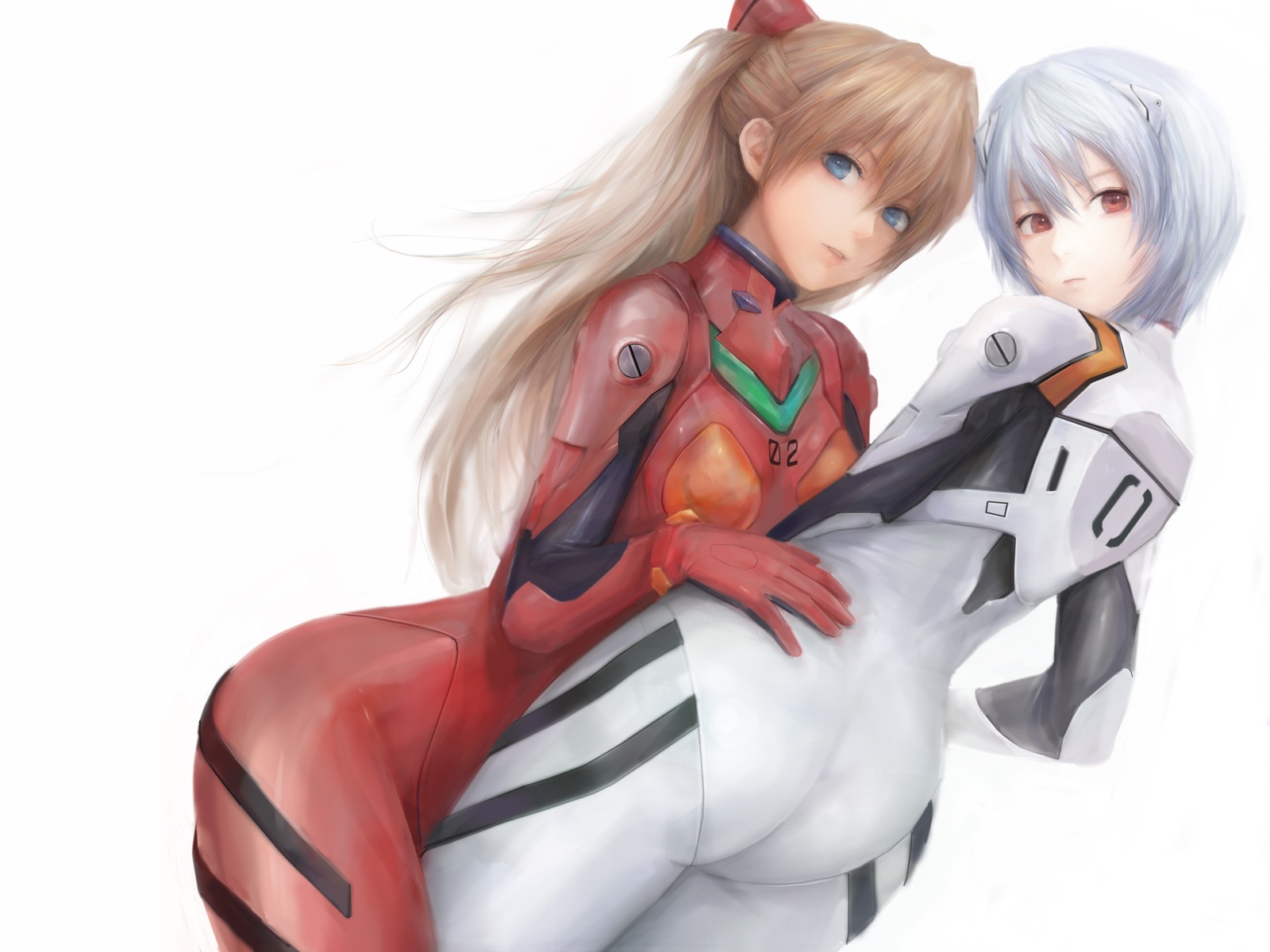 2girls, ass, ayanami_rei, blue_eyes, blue_hair, bodysuit, brown_hair, long_hair