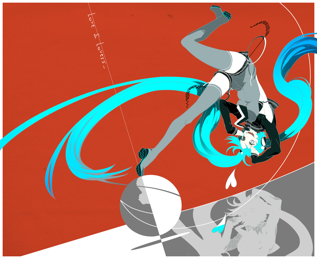 aqua_eyes, aqua_hair, bikini_top, hatsune_miku, headphones, long_hair, mohikan5, red, thighhighs, twintails, ura-omote_lovers_(vocaloid), vocaloid