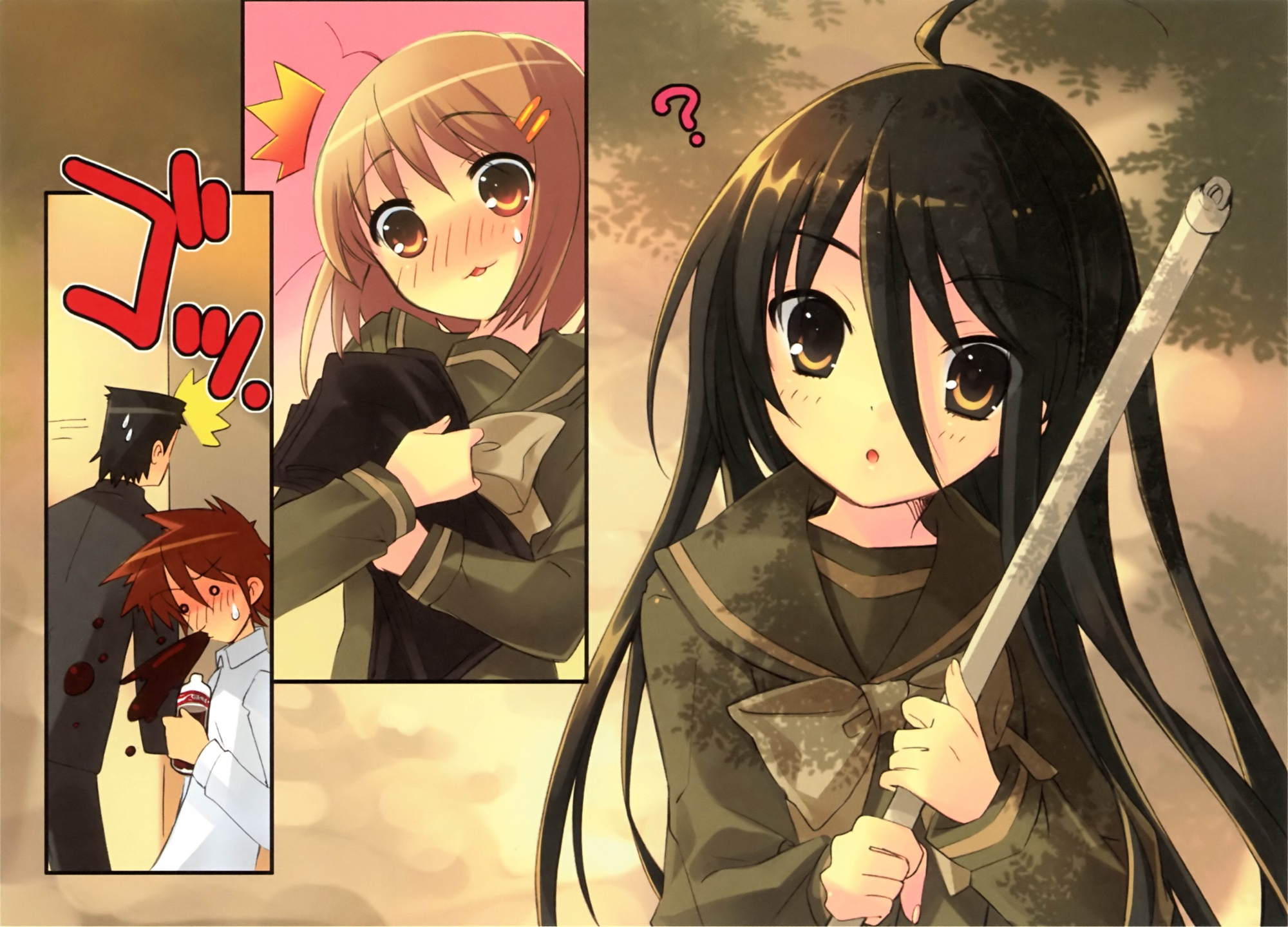 blush, itou_noiji, satou_keisaku, scan, school_uniform, shakugan_no_shana, shana, tanaka_eita, yoshida_kazumi