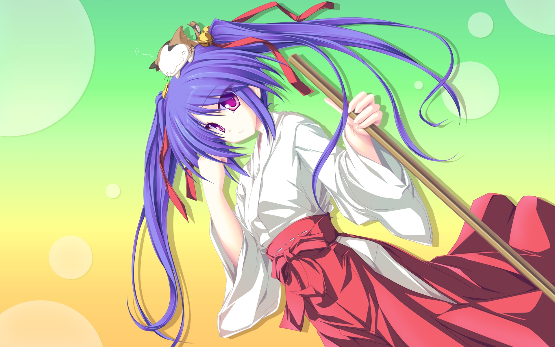 77, blue_hair, japanese_clothes, miko, narukami_aoi, purple_eyes, ribbons, tenmaso