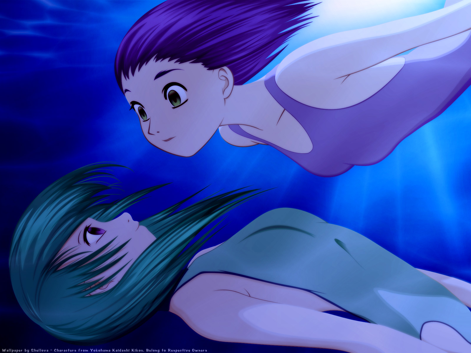 2girls, blue, blue_hair, green_hair, hatsuseno_alpha, purple_eyes, short_hair, swimsuit, takatsu_kokone, underwater, water, yellow_eyes, yokohama_kaidashi_kikou