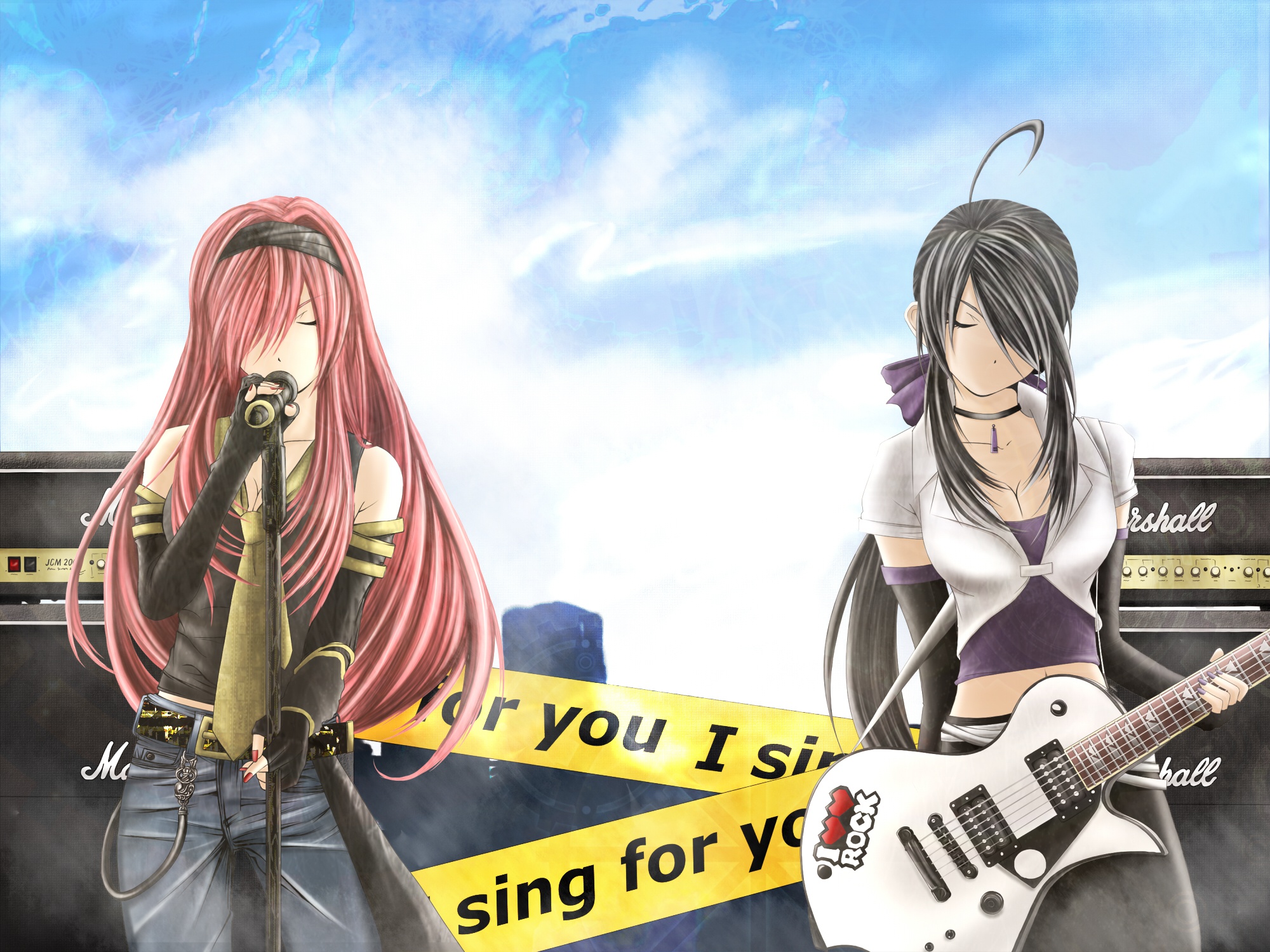 elbow_gloves, gloves, guitar, instrument, long_hair, megurine_luka, microphone, mujun_(zipper)