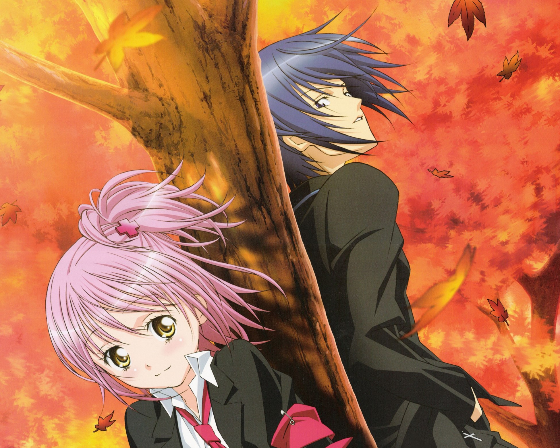 autumn, hinamori_amu, peach-pit, pink_hair, shugo_chara, tsukiyomi_ikuto, yellow_eyes