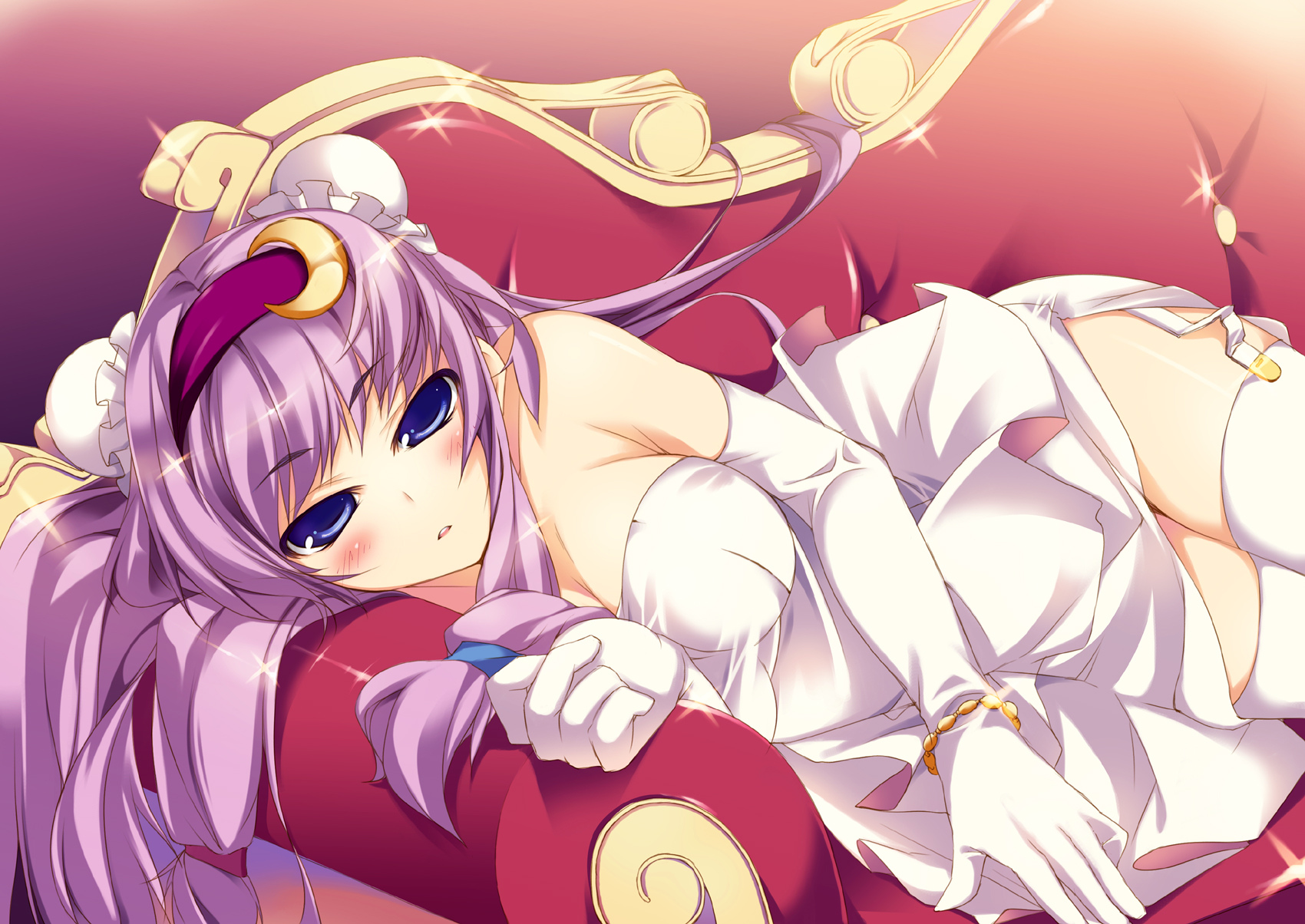 blue_eyes, breasts, cleavage, couch, patchouli_knowledge, purple_hair, ten_oni_touri, thighhighs, touhou