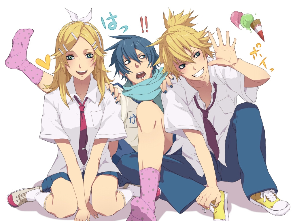 food, ice_cream, kagamine_len, kagamine_rin, kaito, male, nayu, scarf