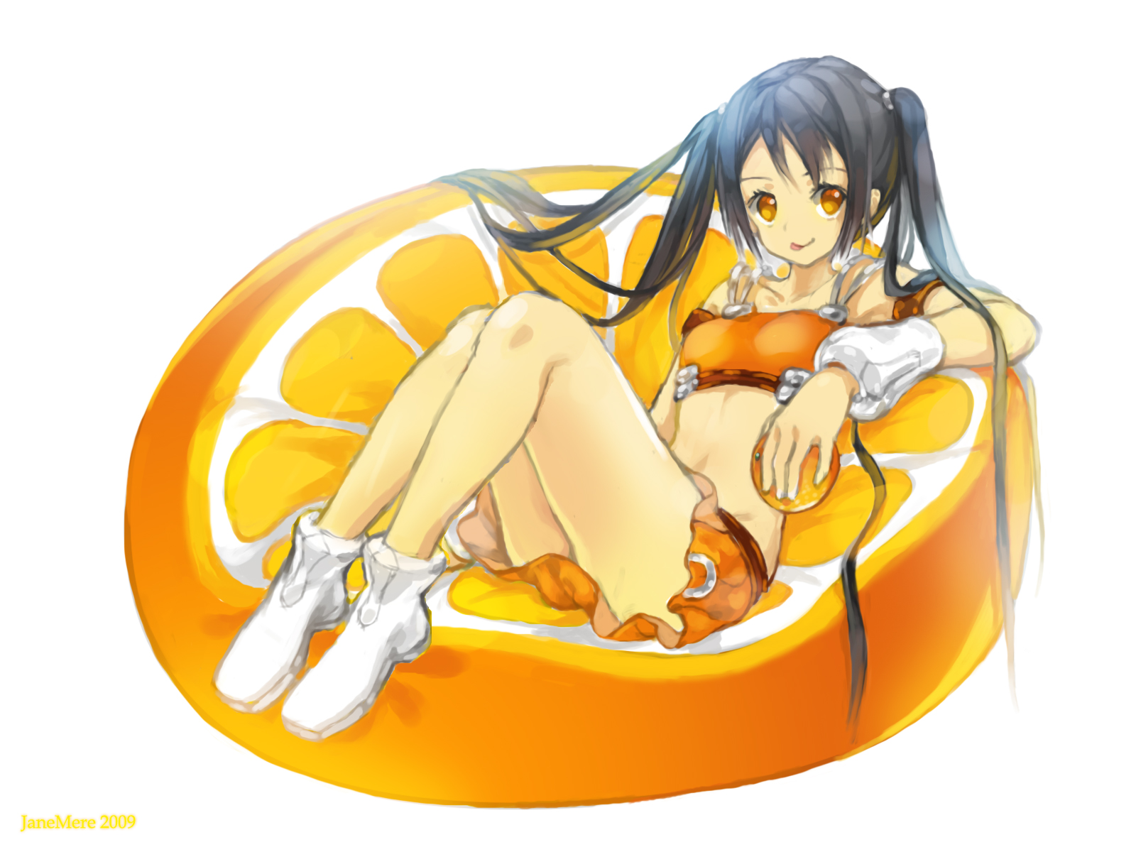 arancia, black_hair, food, fruit, janemere, long_hair, orange_eyes, orange_(fruit)