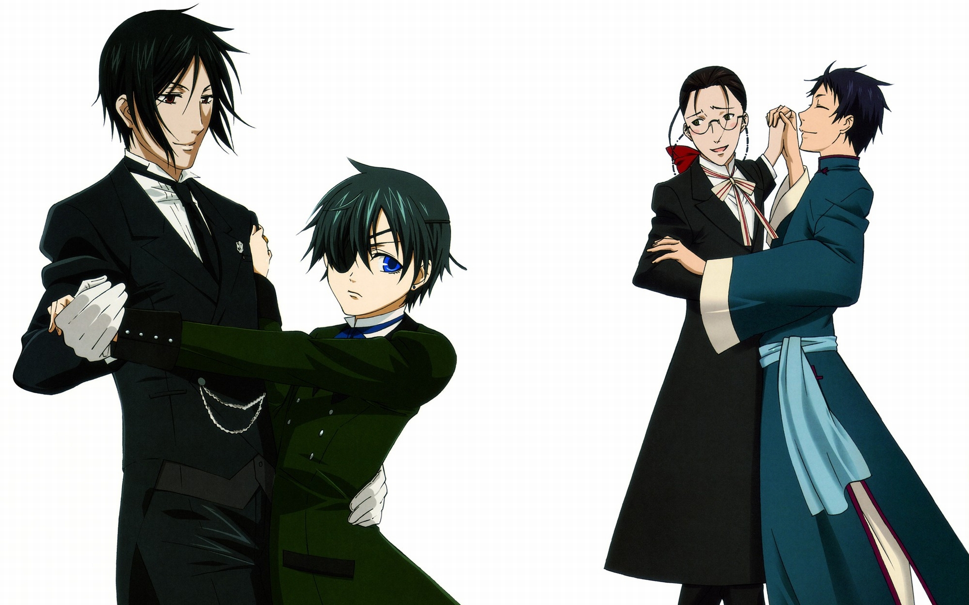 all_male, black_hair, blue_eyes, ciel_phantomhive, eyepatch, gloves, green_hair, grell_sutcliff