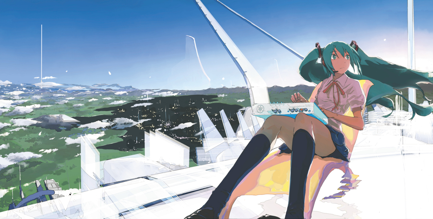 aqua_eyes, aqua_hair, hatsune_miku, headphones, keisan, long_hair, socks, twintails, vocaloid