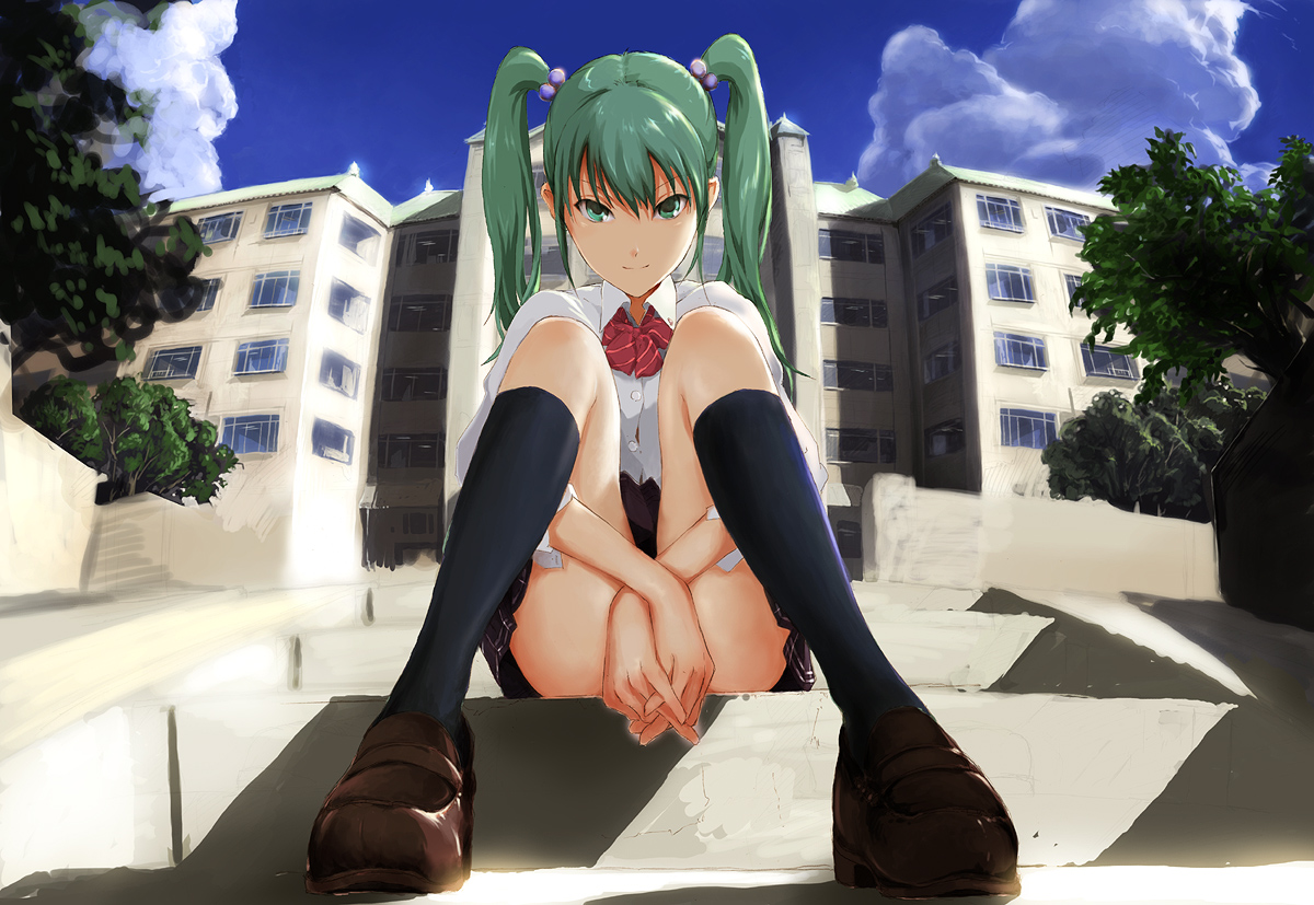 aqua_hair, hatsune_miku, school_uniform, shiika_sadamasa, skirt, twintails, upskirt, vocaloid