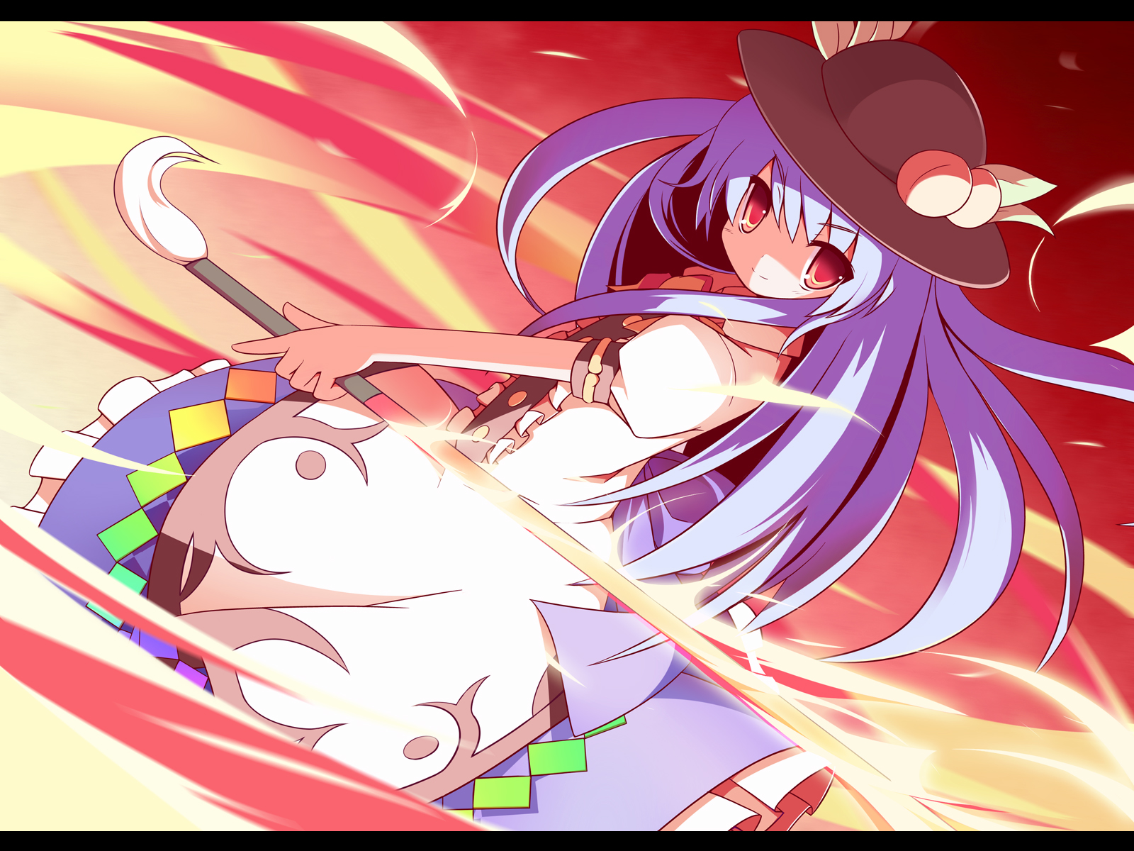 dress, hat, hinanawi_tenshi, long_hair, machily, purple_hair, red_eyes, sword