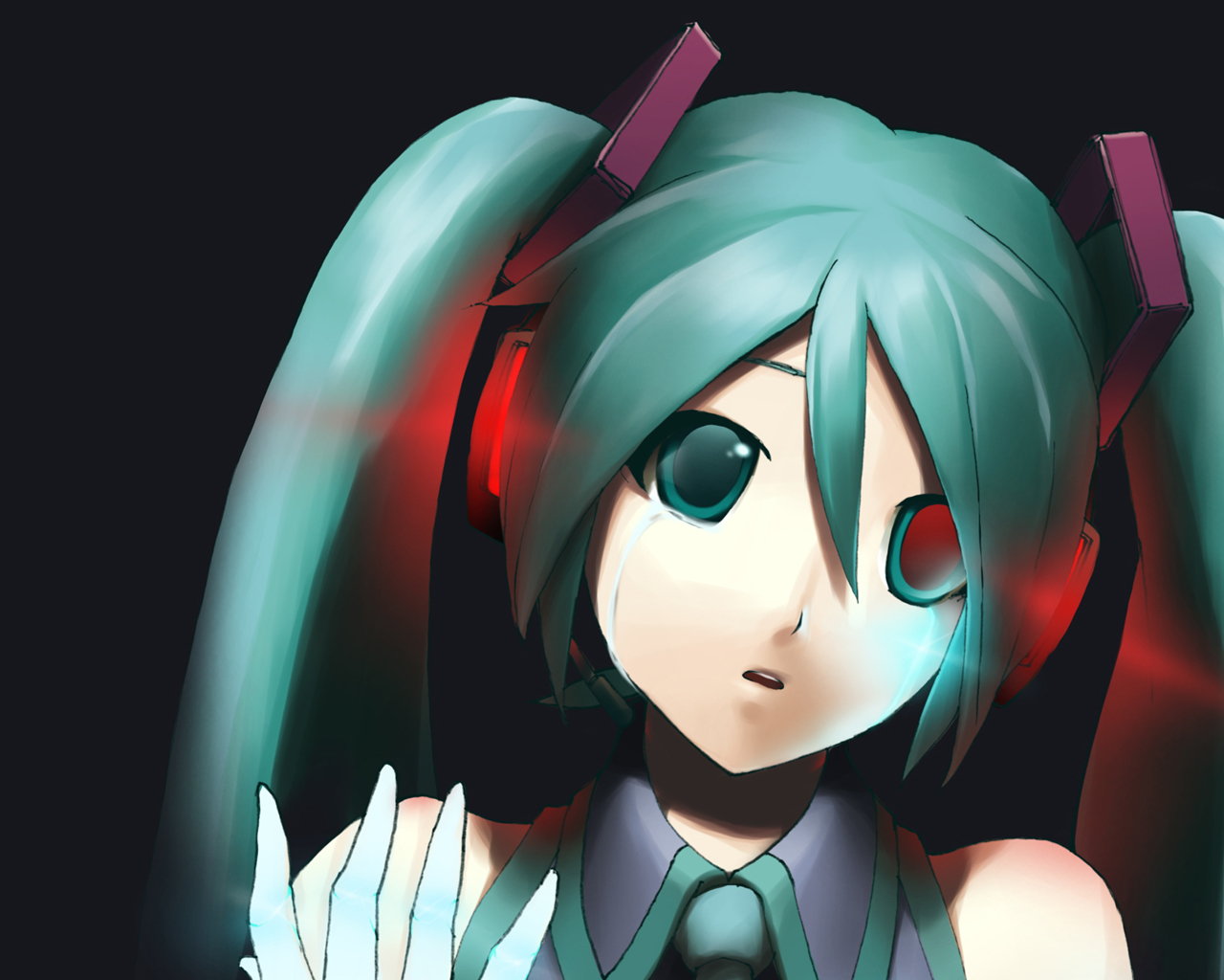 bicolored_eyes, black, close, hatsune_miku, poaro, vocaloid