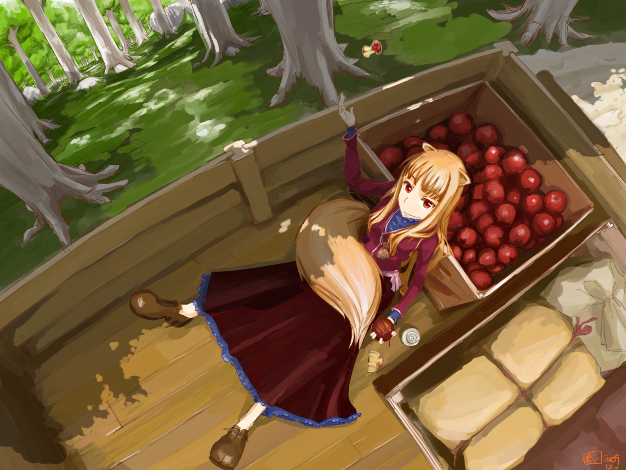 animal_ears, apple, chitose_shuusui, dress, food, forest, fruit, horo