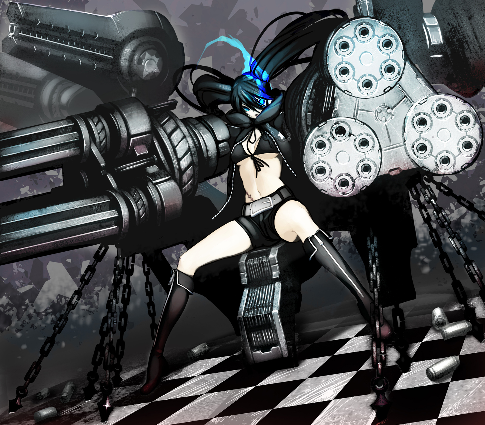 black_hair, black_rock_shooter, blue_eyes, boots, chain, kuroi_mato, long_hair, scar