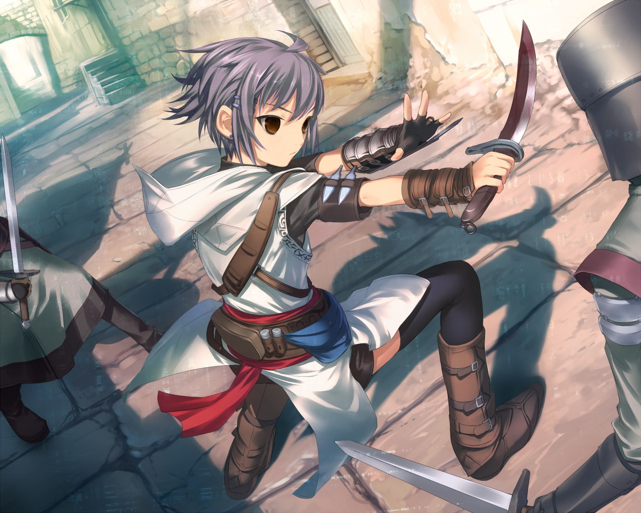 armor, assassin's_creed, blood, boots, brown_eyes, knife, nagato_yuki, parody