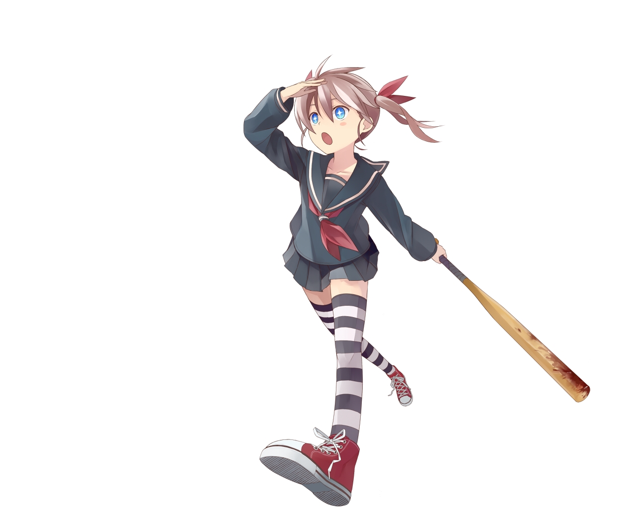 baseball_bat, blue_eyes, brown_hair, nnyu, original, school_uniform, twintails, white