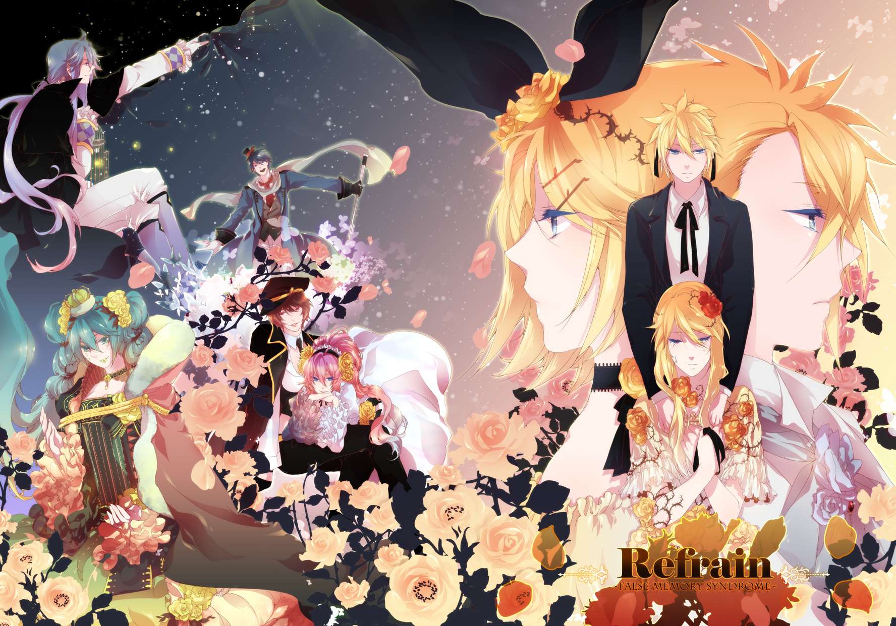 dress, flowers, hatsune_miku, kagamine_len, kagamine_rin, kaito, kamui_gakupo, male