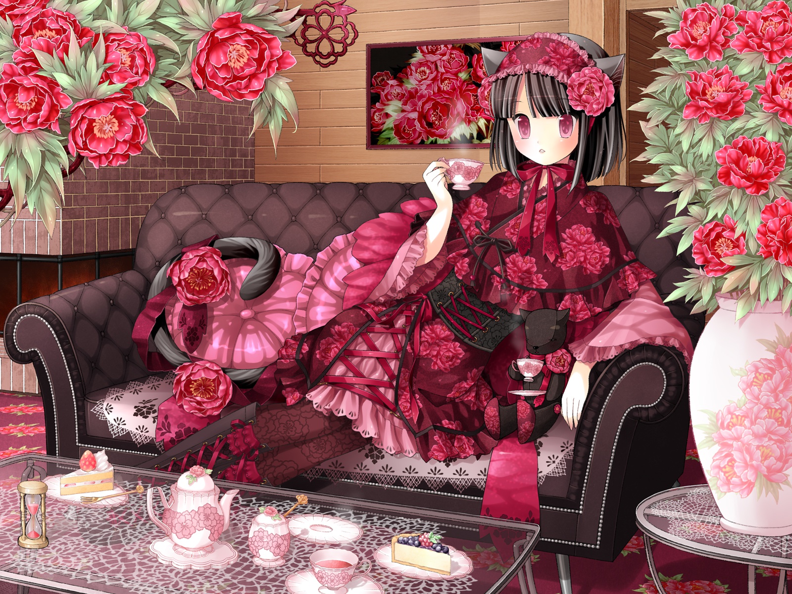 akatsuki_no_kemono, animal_ears, black_hair, blush, cake, catgirl, corset, couch, flowers, food, japanese_clothes, kanzaki_miku, kuroinu, lolita_fashion, short_hair, yukata