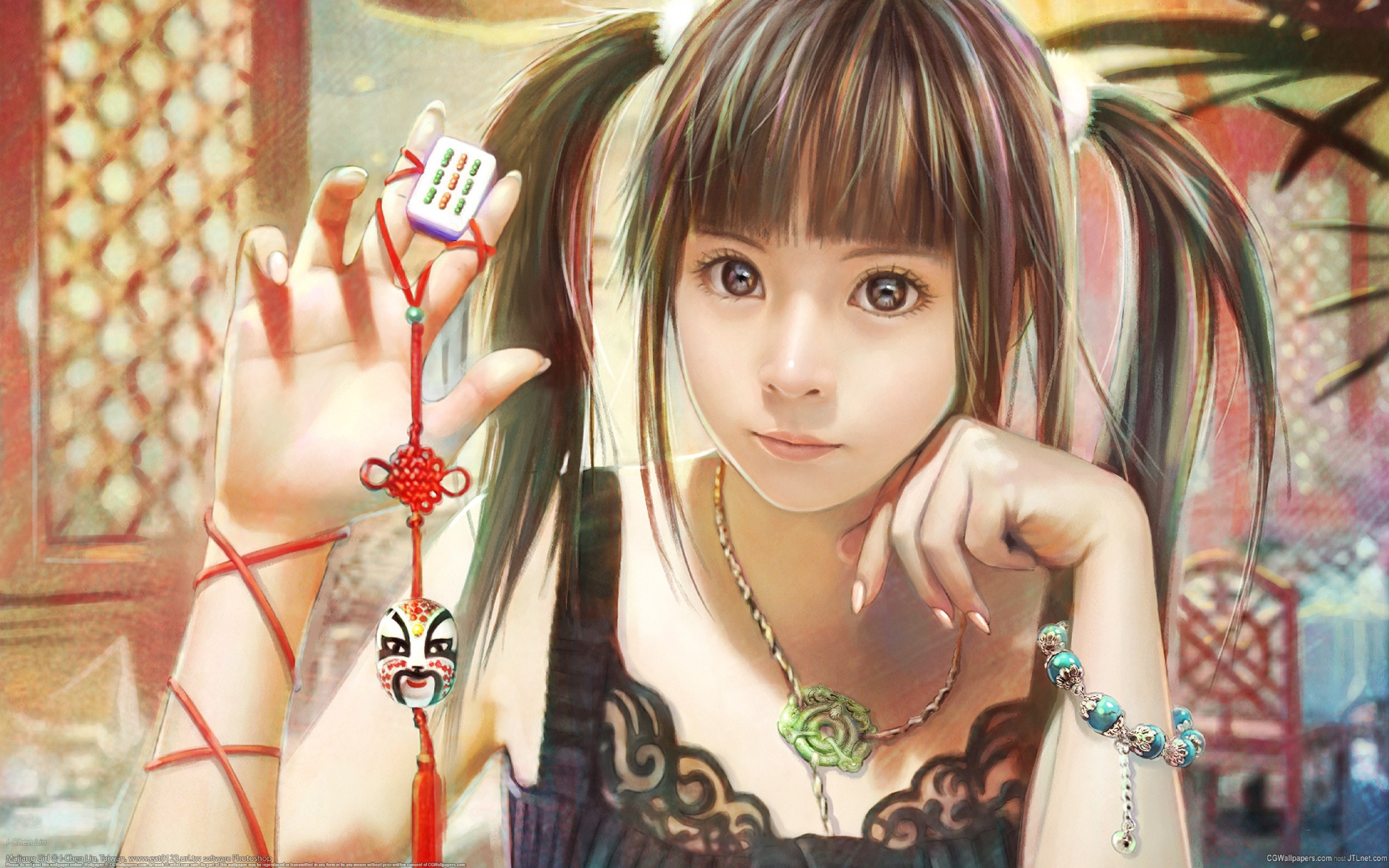 brown_eyes, brown_hair, eat, long_hair, necklace, original, realistic, signed, twintails, watermark
