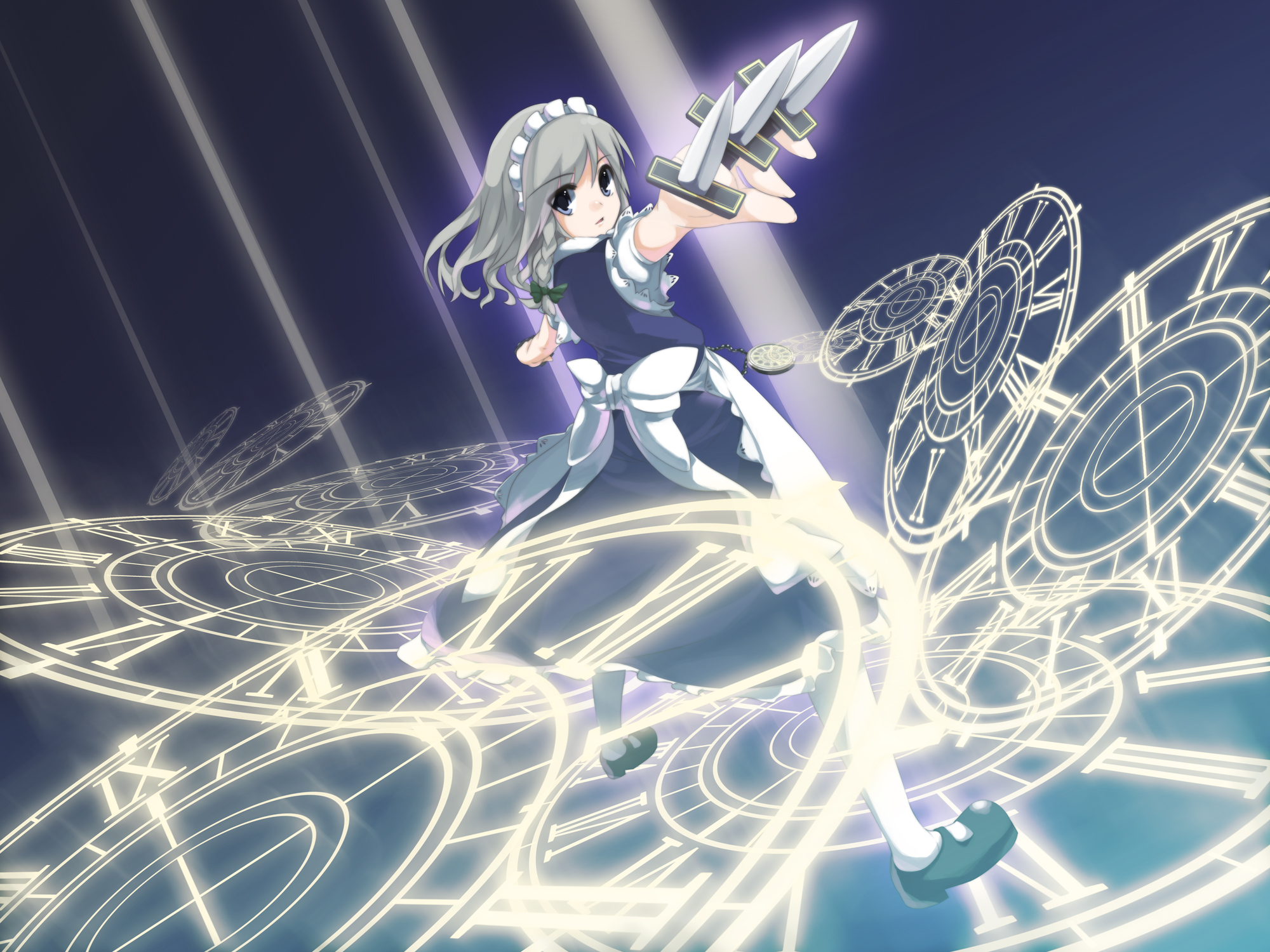 bow, braids, dress, gray_eyes, gray_hair, headdress, izayoi_sakuya, knife