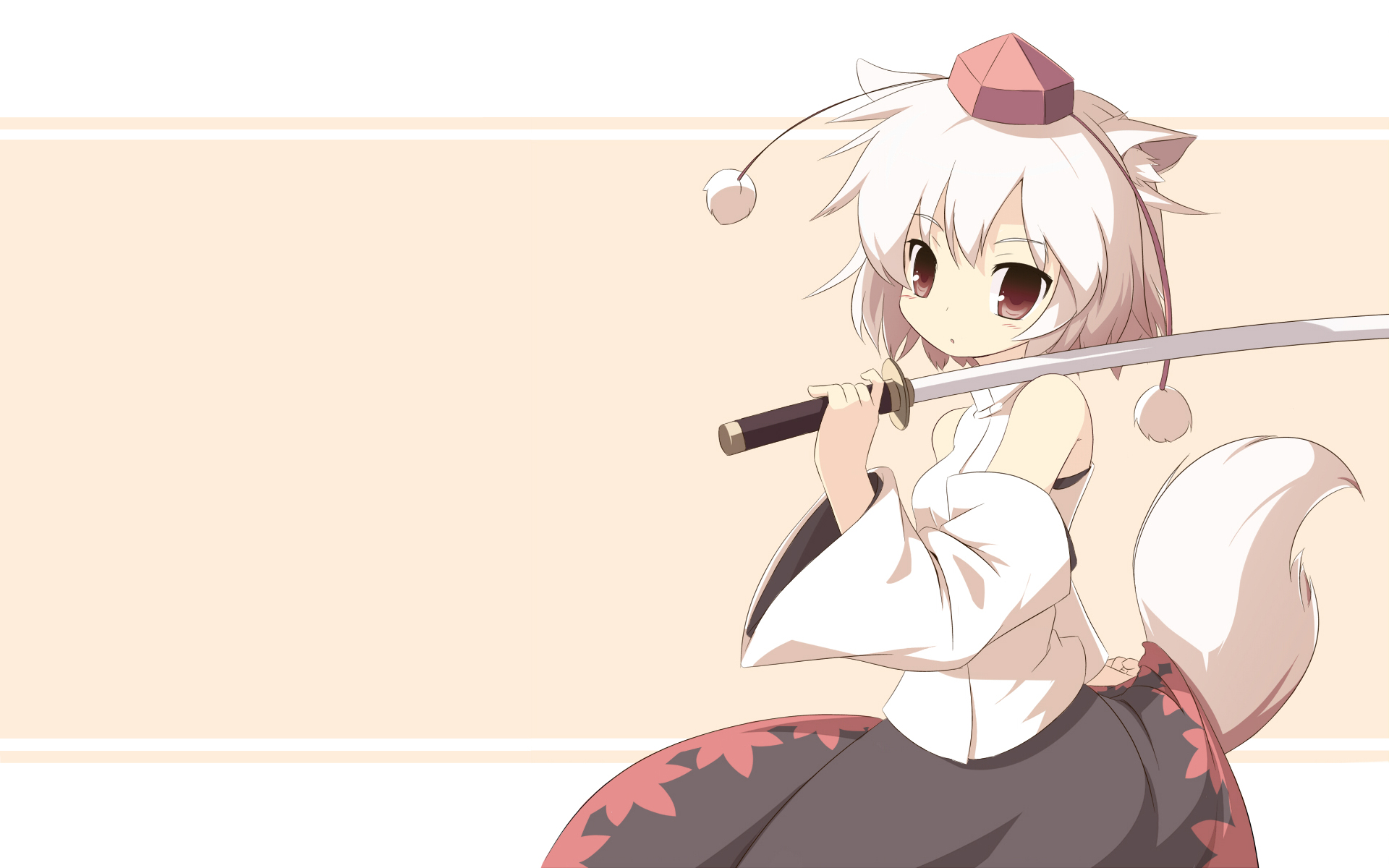 animal_ears, hat, inubashiri_momiji, japanese_clothes, katana, machily, red_eyes, short_hair