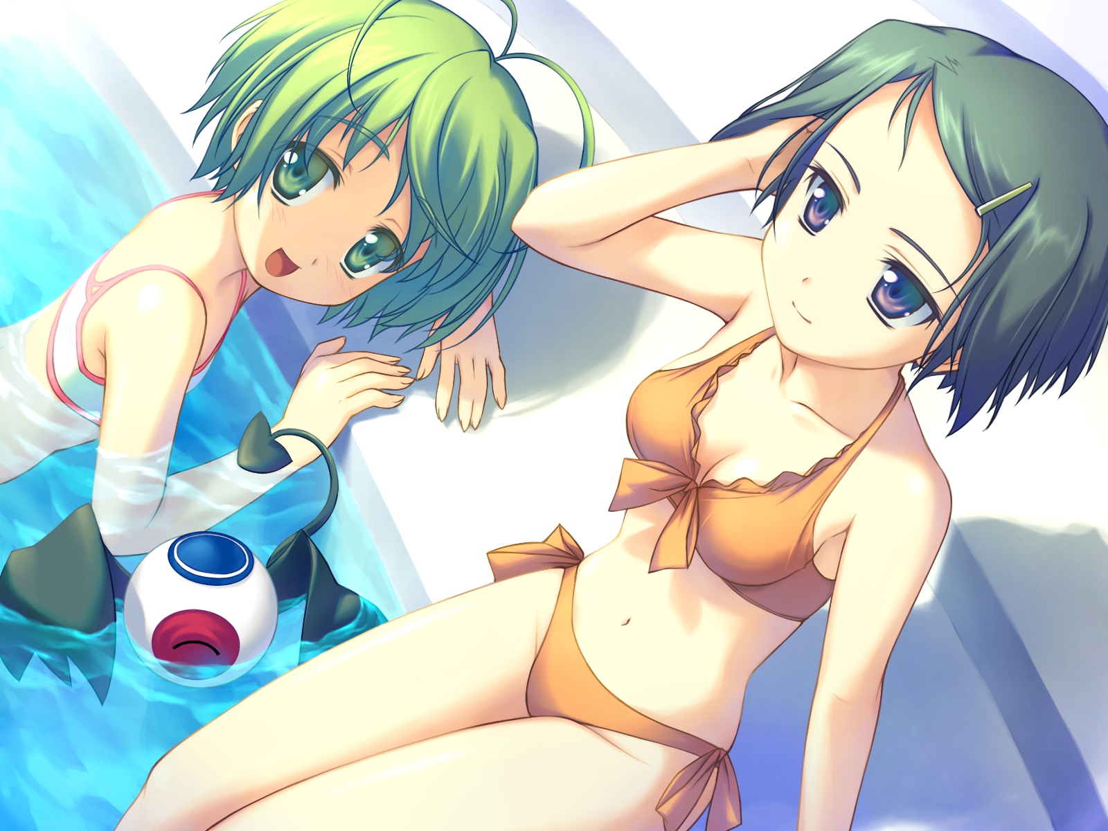 bikini, green_eyes, green_hair, pool, swimsuit, wiz_anniversary