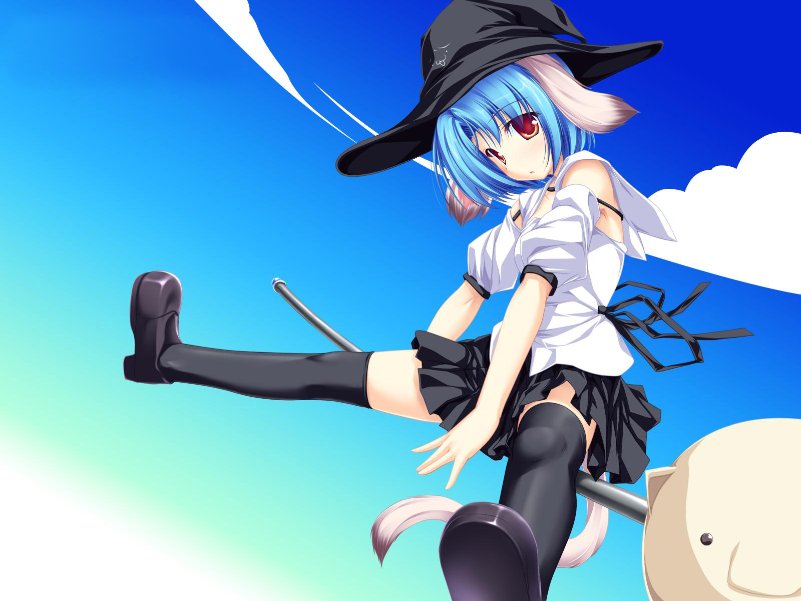 animal_ears, blue_hair, haruhi_sarasa, hat, inakoi, sky, tail, whirlpool